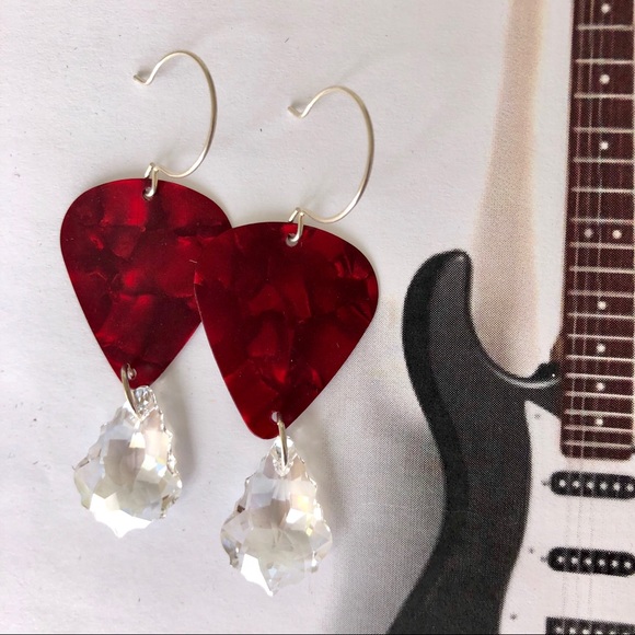 Femme Metale Jewelry - Guitar Pick Earrings OOAK Champagne crystal drops